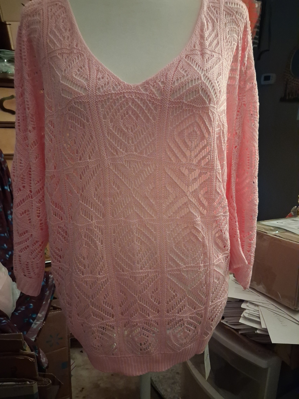 New,Light Pink Open-Knit Crochet V-Neck Women’s Beach Coverup Sweater Size Med.